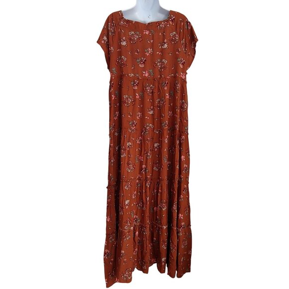 Natural Life Brown Floral Tiered Granola Soft Girl Square Neck Cottage Dress L - Picture 3 of 14
